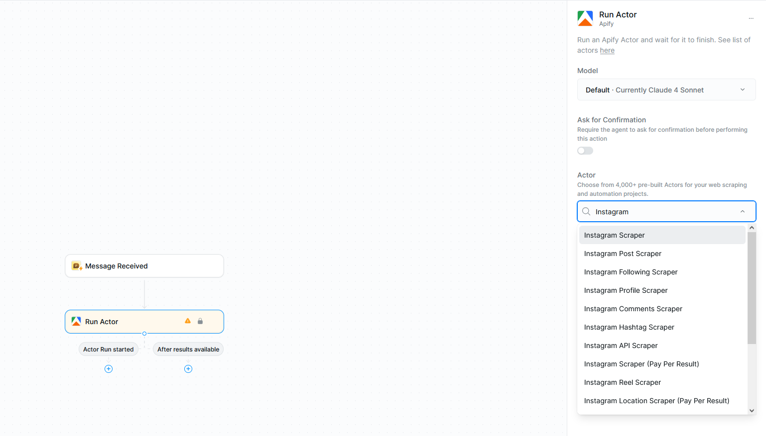 Apify &quot;Run Actor&quot; module configuration in Lindy, showing a dropdown or search for Actors, with &quot;Instagram profile scraper&quot; selected.