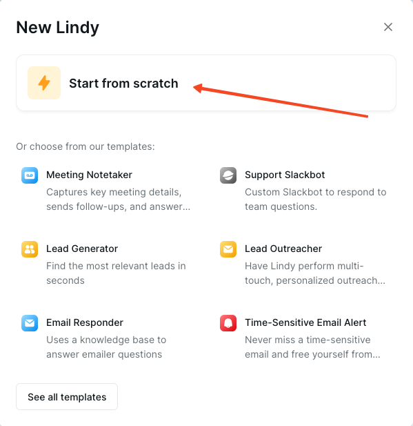 Lindy workflow creation options, with &quot;Start from scratch&quot; selected
